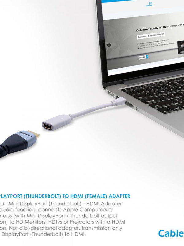 Cablesson Mini DisplayPort to HDMI 2.0 Female Adapter Cable 4K Ultra HD with audio transmission | certified | for Apple / MAC, MacBook Pro, MacBook Air | 24k gold plated plug - White - 0.2m