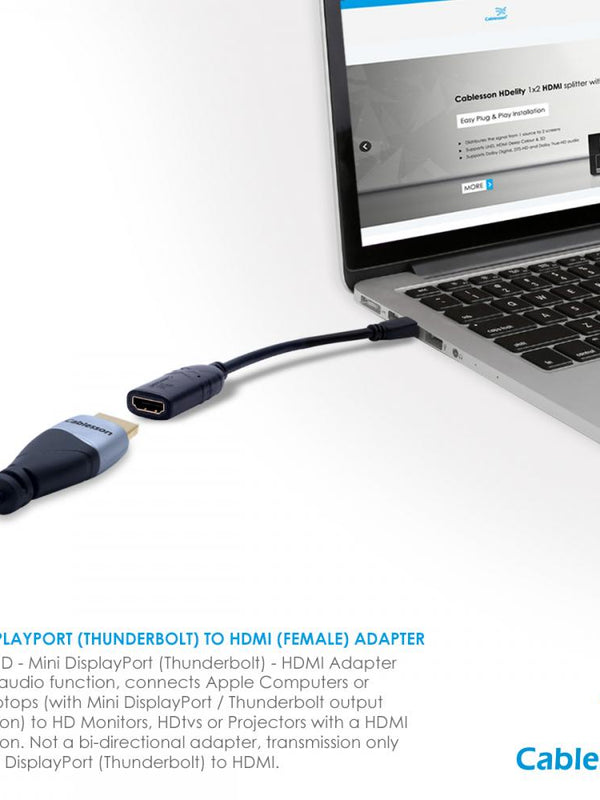 Cablesson Mini DisplayPort auf HDMI 2.0 Weiblicher Adapter Kabel4K Ultra HD mit Audioübertragung| zertifiziert| für Apple / MAC, MacBook Pro, MacBook Air | 24k vergoldete Stecker - Schwarz- 0.2m