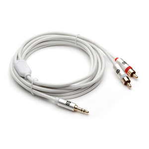 XO 3.5mm Male to 2 x RCA male Stereo Audio Cable - 3.5 jack to RCA Male to Male lead - 2m, White - Gold plated connectors