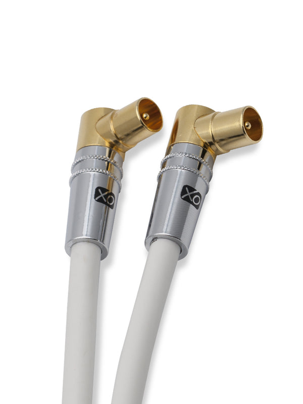 XO - 1m Male to Male Shielded TV/AV Aerial Coaxial Cable with 90 Degree Right Angled Gold Plated Connectors and Metal Plug For UHF / RF TVs, VCRs, DVD players, DVRs, cable boxes and satellite - White