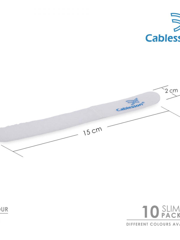 Cablesson Reusable Releasable Hook and Loop Nylon Velcro Cable Ties - Pack of 10 - Slim Pack - Straps and Keep wire cord tidy - White