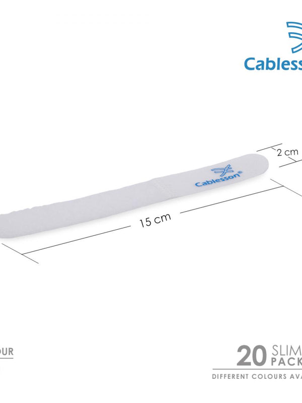 Cablesson Reusable Releasable Hook and Loop Nylon Velcro Cable Ties - Pack of 20 - Slim Pack - Straps and Keep wire cord tidy - White