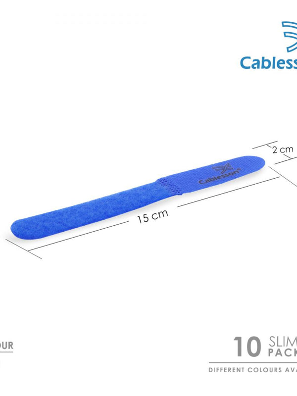 Cablesson Reusable Releasable Hook and Loop Nylon Velcro Cable Ties - Pack of 10 - Slim Pack - Straps and Keep wire cord tidy - Blue