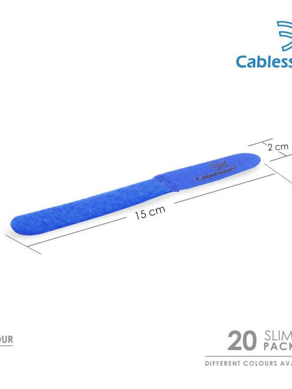 Cablesson Reusable Releasable Hook and Loop Nylon Velcro Cable Ties - Pack of 20 - Slim Pack - Straps and Keep wire cord tidy - Blue