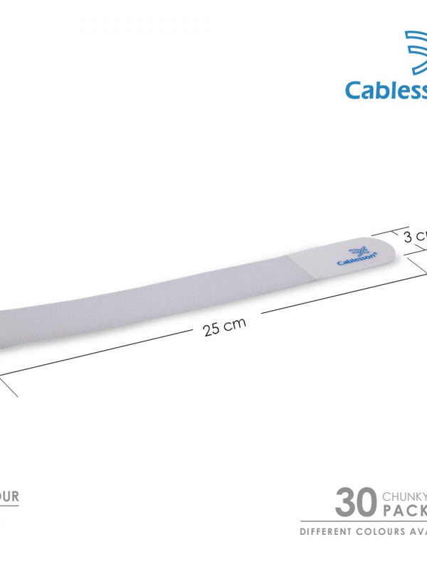 Cablesson Reusable Releasable Hook and Loop Nylon Velcro Cable Ties - Pack of 30 - Chunky Pack - Straps and Keep wire cord tidy - White