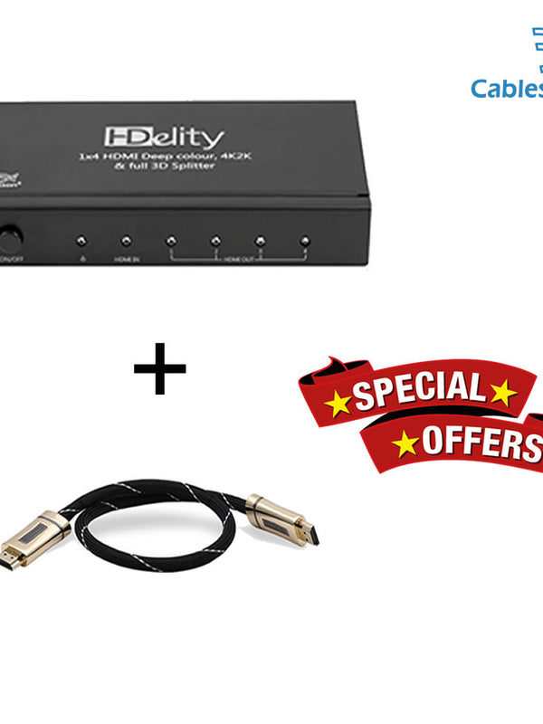 Cablesson HDelity 1x4 HDMI-Splitter mit 4K2K mit XO Platinum 0,5 m Hochgeschwindigkeits-HDMI-Kabel mit Ethernet - Schwarz