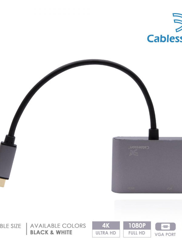 Cablesson USB Typ C männlich auf HDMI + VGA Weiblich Adapter mit Aluminiumschalen 0.23M 1080P/4K at 30Hz (UHD, 4Kx2K, Thunderbolt 3) für MacBook 12, MacBook Pro und mehr Typ C Geräte - Schwarz