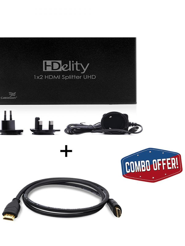 Cablesson 1x2 HDMI 2.0 Splitter mit EDID (18G) mit Grund 2m High Speed HDMI-Kabel mit Ethernet - Schwarz