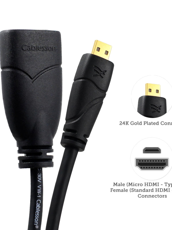 Cablesson Ivuna Micro HDMI 0.2m Extension - upto 1080p - v1.4 / 2.0 - Audio & Video - Full HD - Connecting HD Devices using the new Micro HDMI Connector to PC or TV Gold Plated 3D Full HD 1080p 4k2k