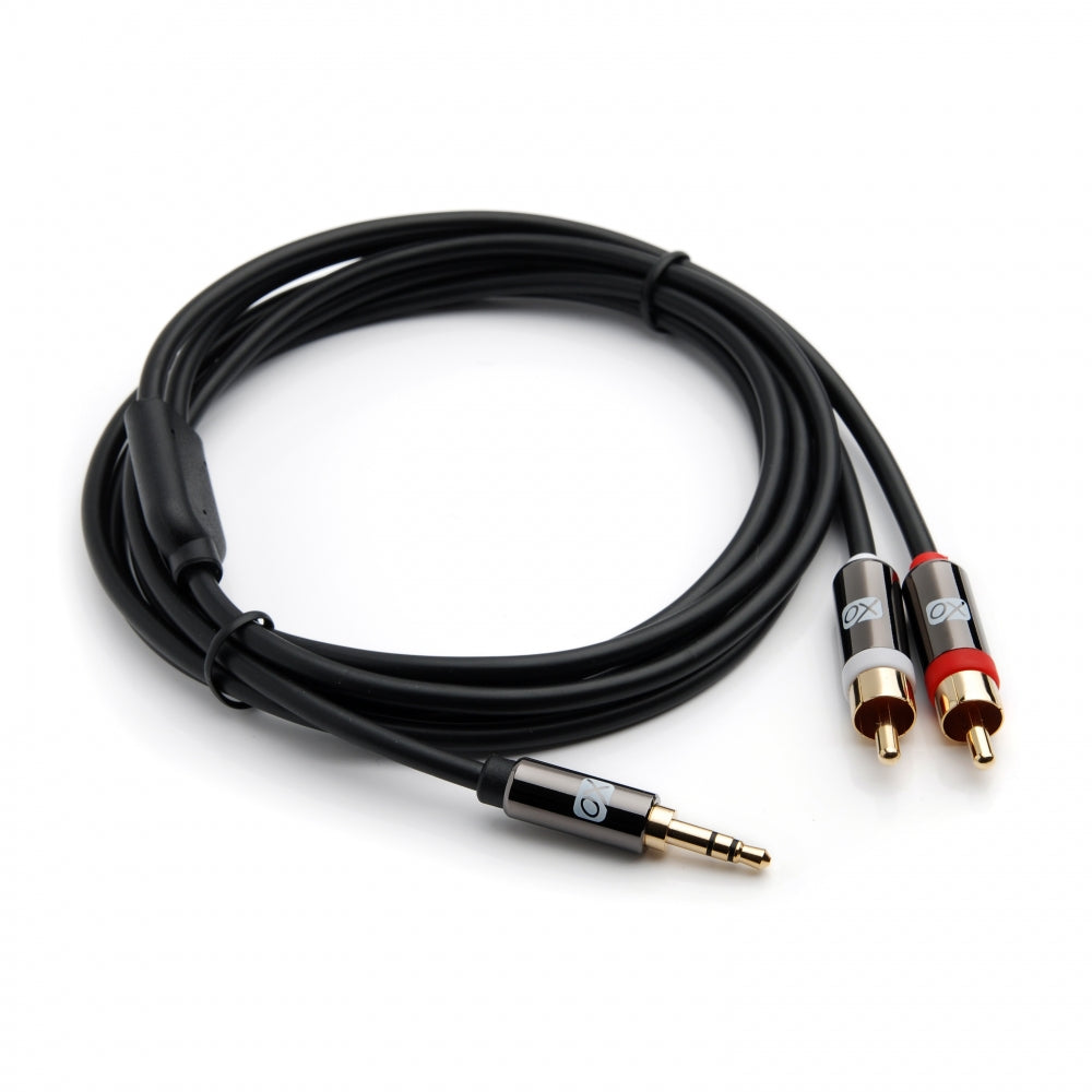 XO 3.5mm Male to 2 x RCA male Stereo Audio Cable - 3.5 jack to RCA Male to Male lead - 2m, Black - Gold plated connectors.