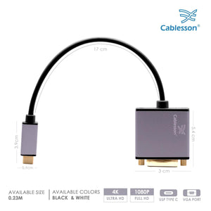 Cablesson - USB Typ C Stecker auf VGA Buchse Adapter mit Aluminium Shells - 0,23 M 1080P @ 60Hz - Schwarz