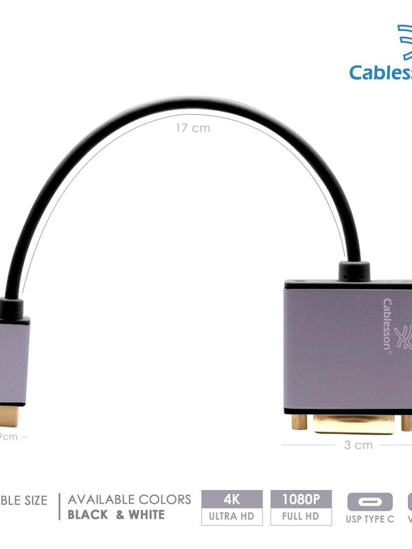 Cablesson USB Typ C männlich auf VGA Weiblich Adapter mit Aluminiumschalen 0.23M 1080P@60Hz für Macbook Pro, Macbook, Google Chromebook Pixel, Dell XPS 13 / 15, Lenovo Yoga 900 - Schwarz