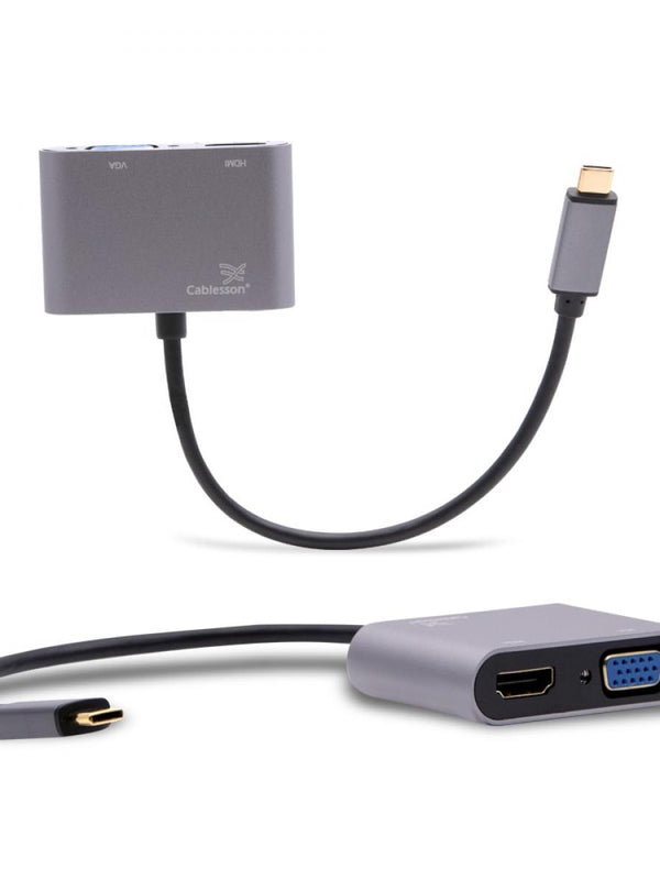 Cablesson USB Typ C männlich auf HDMI + VGA Weiblich Adapter mit Aluminiumschalen 0.23M 1080P/4K at 30Hz (UHD, 4Kx2K, Thunderbolt 3) für MacBook 12, MacBook Pro und mehr Typ C Geräte - Schwarz