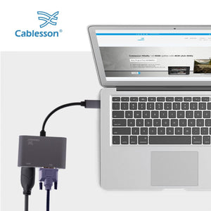 Cablesson - USB Typ C Stecker auf HDMI + VGA Buchse Adapter mit Aluminiumschalen 0,23 M 1080P-4K30Hz - Schwarz