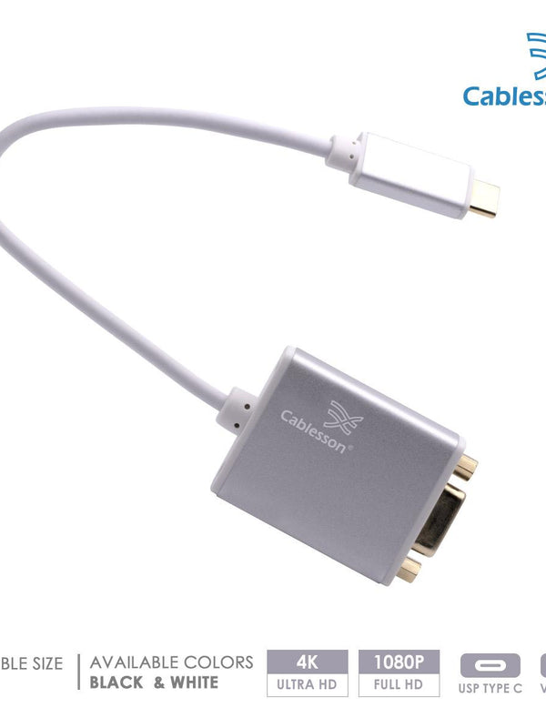 Cablesson USB Typ C männlich auf VGA Weiblich Adapter mit Aluminiumschalen 0.23M 1080P@60Hz für Macbook Pro, Macbook, Google Chromebook Pixel, Dell XPS 13 / 15, Lenovo Yoga 900 - Weiß