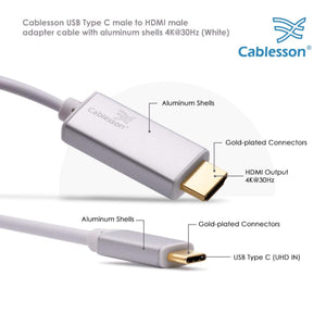 Cablesson - USB Typ C Stecker auf HDMI-Stecker-Adapter-Kabel mit Aluminium Shells - 1M 4K @ 30Hz - Weiß