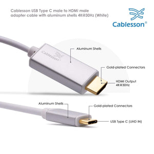 Cablesson - USB Typ C Stecker auf HDMI-Stecker-Adapter-Kabel mit Aluminium Shells - 2M 4K @ 30Hz - Weiß