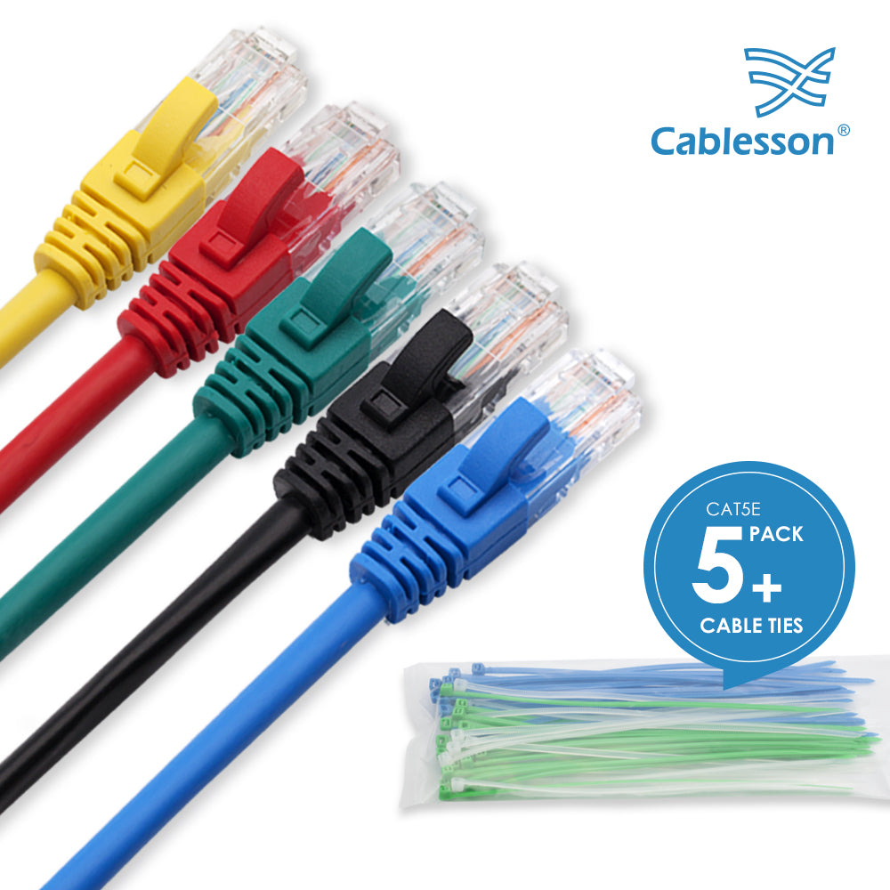 Cablesson Ethernet Cable - 1m - Cat5e (5 Pack + Cable Ties) Networking Cord Patch Cable RJ45 10 Gigabit 100Mhz Lan Wire Cable STP for Modem, Router, PC, Mac, Laptop, PS2, PS3, PS4, XBox, and XBox 360.