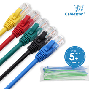 Cablesson Ethernet Cable - 2m - Cat5e (5 Pack + Cable Ties) Networking Cord Patch Cable RJ45 10 Gigabit 100Mhz Lan Wire Cable STP for Modem, Router, PC, Mac, Laptop, PS2, PS3, PS4, XBox, and XBox 360.