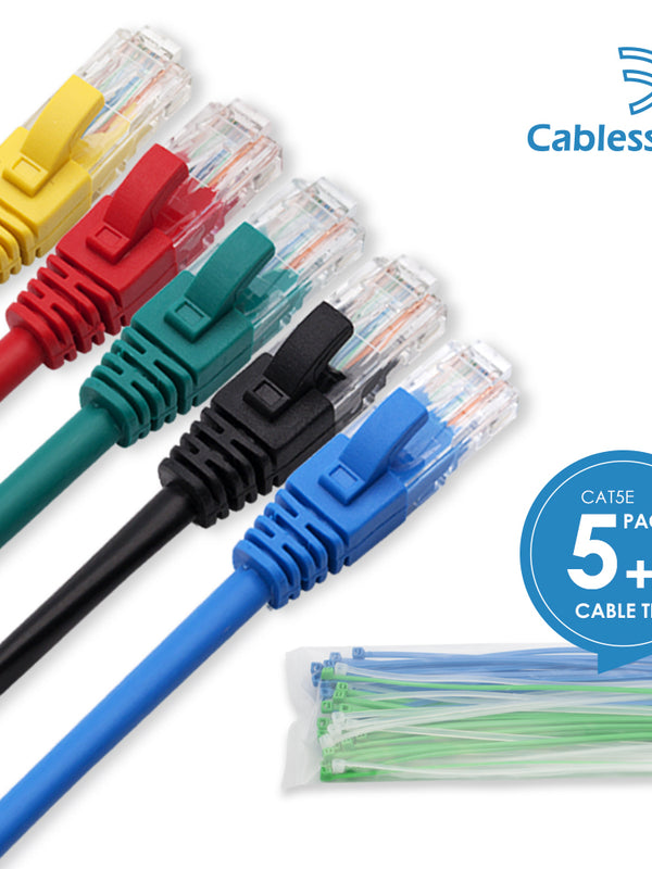 Cablesson Ethernet Cable - 3m - Cat5e (5 Pack + Cable Ties) Networking Cord Patch Cable RJ45 10 Gigabit 100Mhz Lan Wire Cable STP for Modem, Router, PC, Mac, Laptop, PS2, PS3, PS4, XBox, and XBox 360.