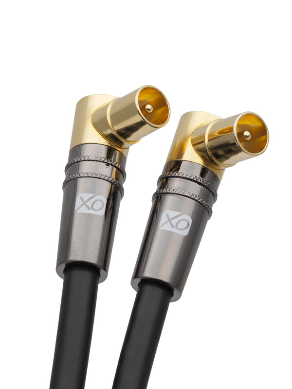 XO - 2m Male to Male Shielded TV/AV Aerial Coaxial Cable with 90 Degree Right Angled Gold Plated Connectors and Metal Plug For UHF / RF TVs, VCRs, DVD players, DVRs, cable boxes and satellite - Black
