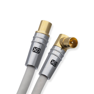 XO - 5m Male to Male Shielded TV/AV Aerial Coaxial Cable with 90 Degree Right Angled Gold Plated Connector and Metal Plug For UHF / RF TVs, VCRs, DVD players, DVRs, cable boxes and satellite - White
