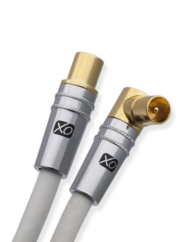 XO - 2m Male to Male Shielded TV/AV Aerial Coaxial Cable with 90 Degree Right Angled Gold Plated Connector and Metal Plug For UHF / RF TVs, VCRs, DVD players, DVRs, cable boxes and satellite - White