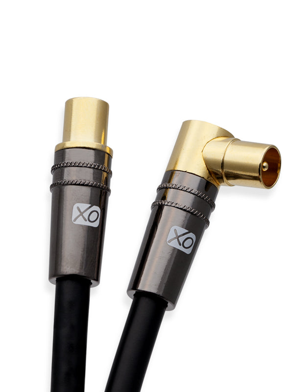 XO-Cavo coassiale aereo 10m di maschio a maschio corazzato TV/AV con 90 gradi di angolo retto conettore placcato in oro e collegamento di metalo per televisori UHF/RF, videoregistratori, lettori DVD,DVR,decoder di cavo e satelite Ã¢â‚¬â€œNero.