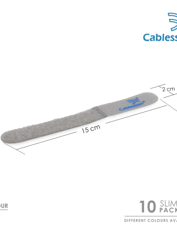 Cablesson Reusable Releasable Hook and Loop Nylon Velcro Cable Ties - Pack of 10 - Slim Pack - Straps and Keep wire cord tidy - Grey