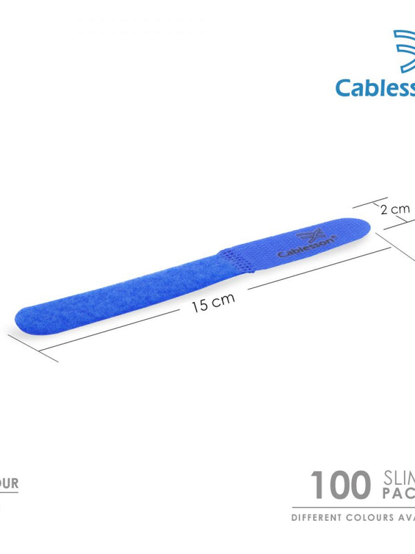 Cablesson Reusable Releasable Hook and Loop Nylon Velcro Cable Ties - Pack of 100 - Slim Pack - Straps and Keep wire cord tidy - Blue
