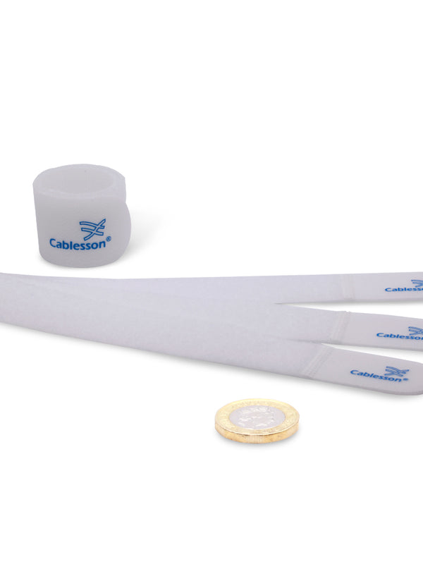 Cablesson Reusable Releasable Hook and Loop Nylon Velcro Cable Ties - Pack of 20 - Chunky Pack - Straps and Keep wire cord tidy - White