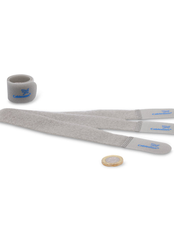 Cablesson Reusable Releasable Hook and Loop Nylon Velcro Cable Ties - Pack of 10 - Chunky Pack - Straps and Keep wire cord tidy - Grey