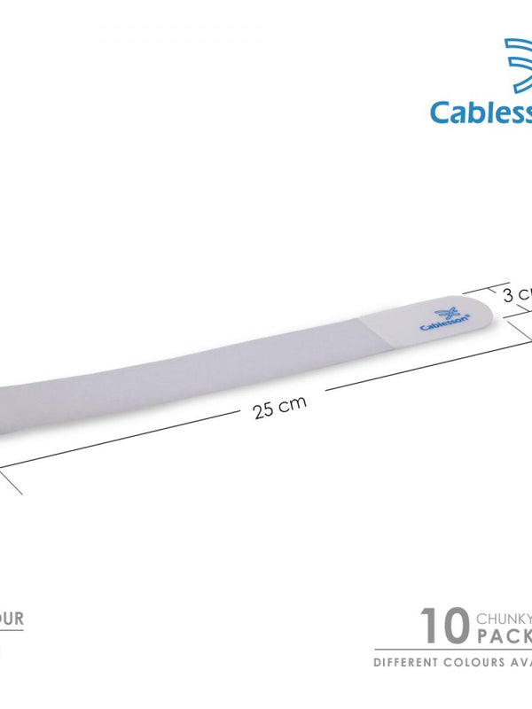 Cablesson Reusable Releasable Hook and Loop Nylon Velcro Cable Ties - Pack of 10 - Chunky Pack - Straps and Keep wire cord tidy - White