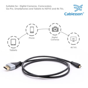Cablesson Ivuna High Speed Micro HDMI to HDMI Cable with Ethernet 2m (HDMI Type D) compatible with HDMI 2.1, 2.0a, 2.0, 1.4a - 4k, Ultra HD, ARC, HDR, 2160p - Black