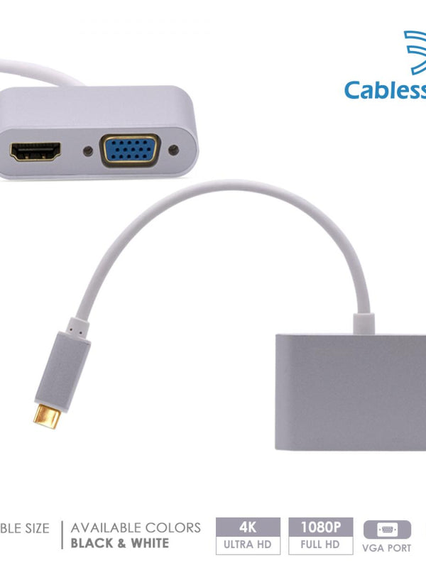 Cablesson USB Typ C männlich auf HDMI + VGA Weiblich Adapter mit Aluminiumschalen 0.23M 1080P/4K@30Hz (UHD, 4Kx2K,Thunderbolt 3 Kompatibel) für MacBook 12, MacBook Pro und mehr Typ C Geräte - Weiß