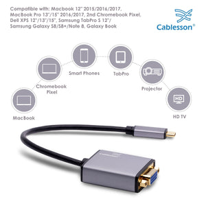 Cablesson - USB Typ C Stecker auf VGA Buchse Adapter mit Aluminium Shells - 0,23 M 1080P @ 60Hz - Schwarz