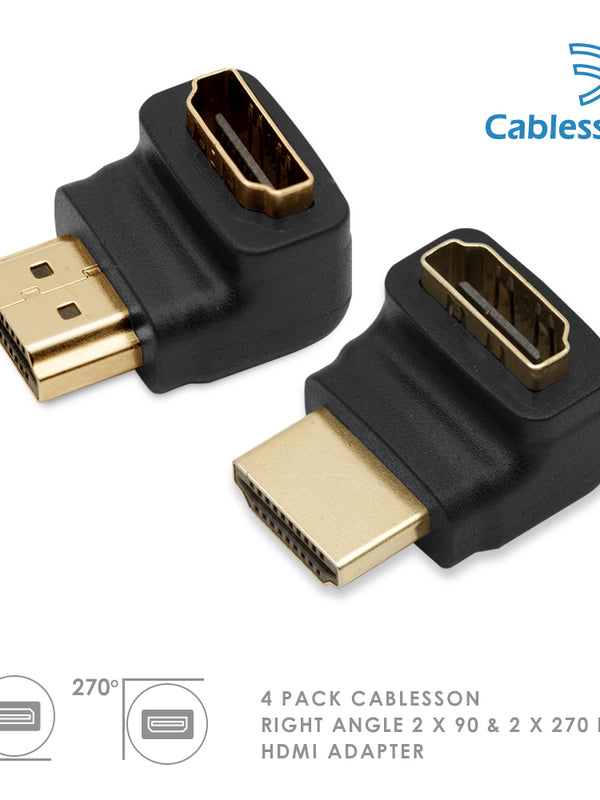 Cablesson 2 x rechtwinkliger 270- und 90-Grad-HDMI-Adapter (24 Karat vergoldet, v1.3 und v1.4 und 2.0 unterstützt 1080p Full HD) - Hochgeschwindigkeits-2160p, 4k2k - 3D-fähige Blu-ray-SkyHD-VirginHD-Blu-ray-LED - 4er Packung