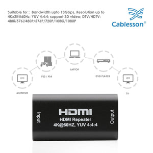 Cablesson - HDMI REPEATER 4K @ 60 Hz 2.0 HDMI-Signal-Verstärker - 3D-Repeater Verstärker UHD HDCP HDMI Buchse auf HDMI Buchse - bis zu 40 m