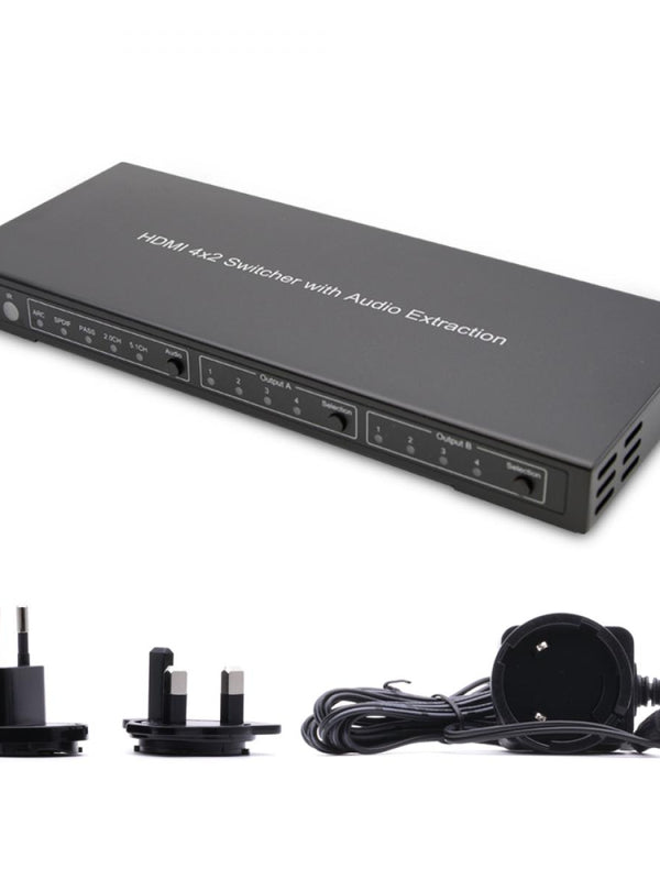 Cablesson - 4x2 HDMI 2.0 Matrix mit Audioextraktion - 4 Eingänge, 2 Ausgänge, Switch Splitter 4K x 2K, 1080p Full HD, HDCP, 3D, Audio Dolby TrueHD, CEC