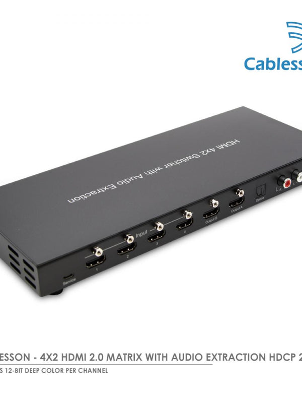 Cablesson - 4x2 HDMI 2.0 Matrix mit Audioextraktion - 4 Eingänge, 2 Ausgänge, Switch Splitter 4K x 2K, 1080p Full HD, HDCP, 3D, Audio Dolby TrueHD, CEC
