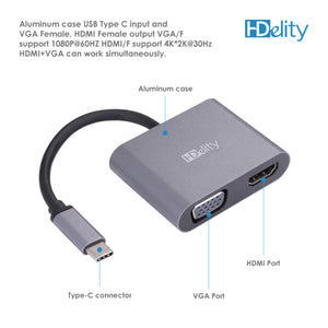 HDelity USB Type C Male to VGA Female +HDMI Female Adapter