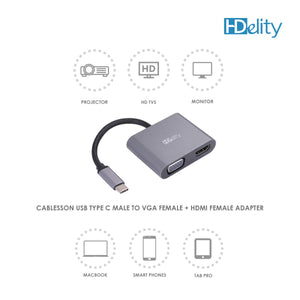 HDelity USB Type C Male to VGA Female +HDMI Female Adapter
