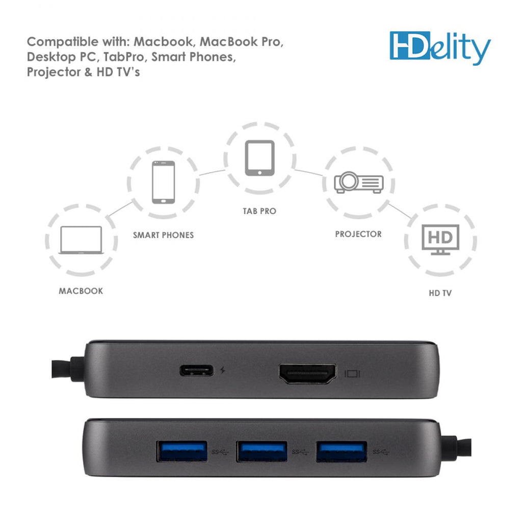 HDelity USB Type C Male to USB3.0+HDMI +RJ45+PD Adapter 6 in 1