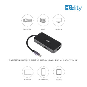 HDelity USB Type C Male to USB3.0+HDMI +RJ45+PD Adapter 6 in 1