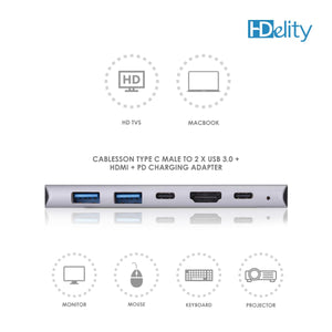 HDelity Type C Male to 2*USB 3.0+HDMI+ PD charging Adapter
