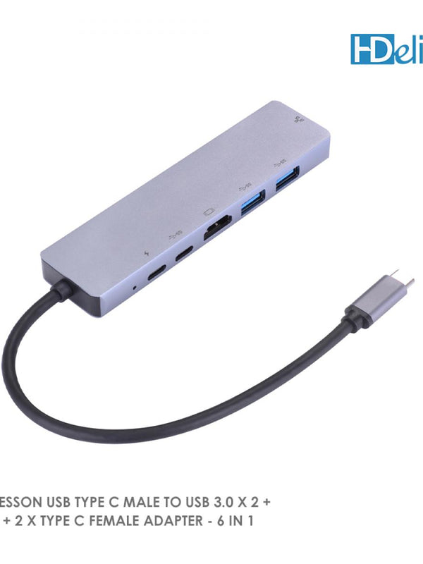 HDelity USB Type C Male to USB 3.0 * 2 + HDMI +Type C Female * 2 Adapter 6 in 1