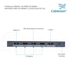 Cablesson 1X4 HDMI 2.0 Splitter mit EDID (18G) v2 + Mackuna Flex Plus-3m High Speed HDMI-Kabel mit Ethernet.