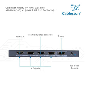 Cablesson 1X4 HDMI 2.0 Splitter mit EDID (18G) v2 + XO PRO 15 m / 15 m HDMI Gold-Kabel mit Ethernet