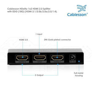 Cablesson 1x2 HDMI 2.0 Splitter mit EDID (18G) mit HDElity AOC abnehmbarem Kabel - 10m