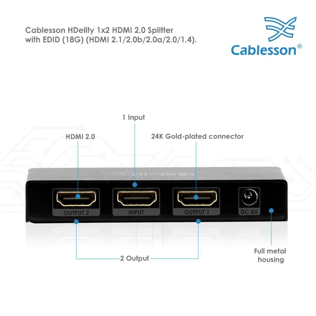 Cablesson 1x2 HDMI 2.0 Splitter mit EDID (18G) mit Ivuna Erweiterte AOC HDMI 2.0 - 30 m